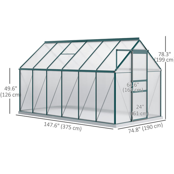 Serre en polycarbonate avec toit ventilé réglable, base galvanisée, porte coulissante et gouttière, verte