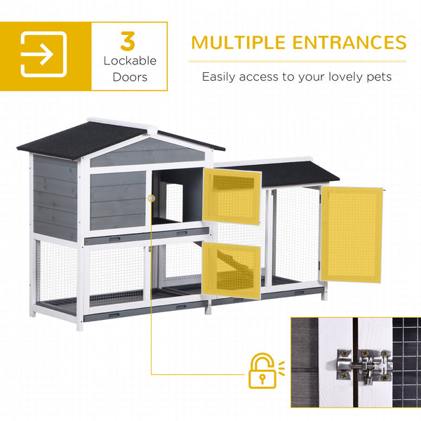 Two-tier wooden hutch with ramp and outdoor run, grey
