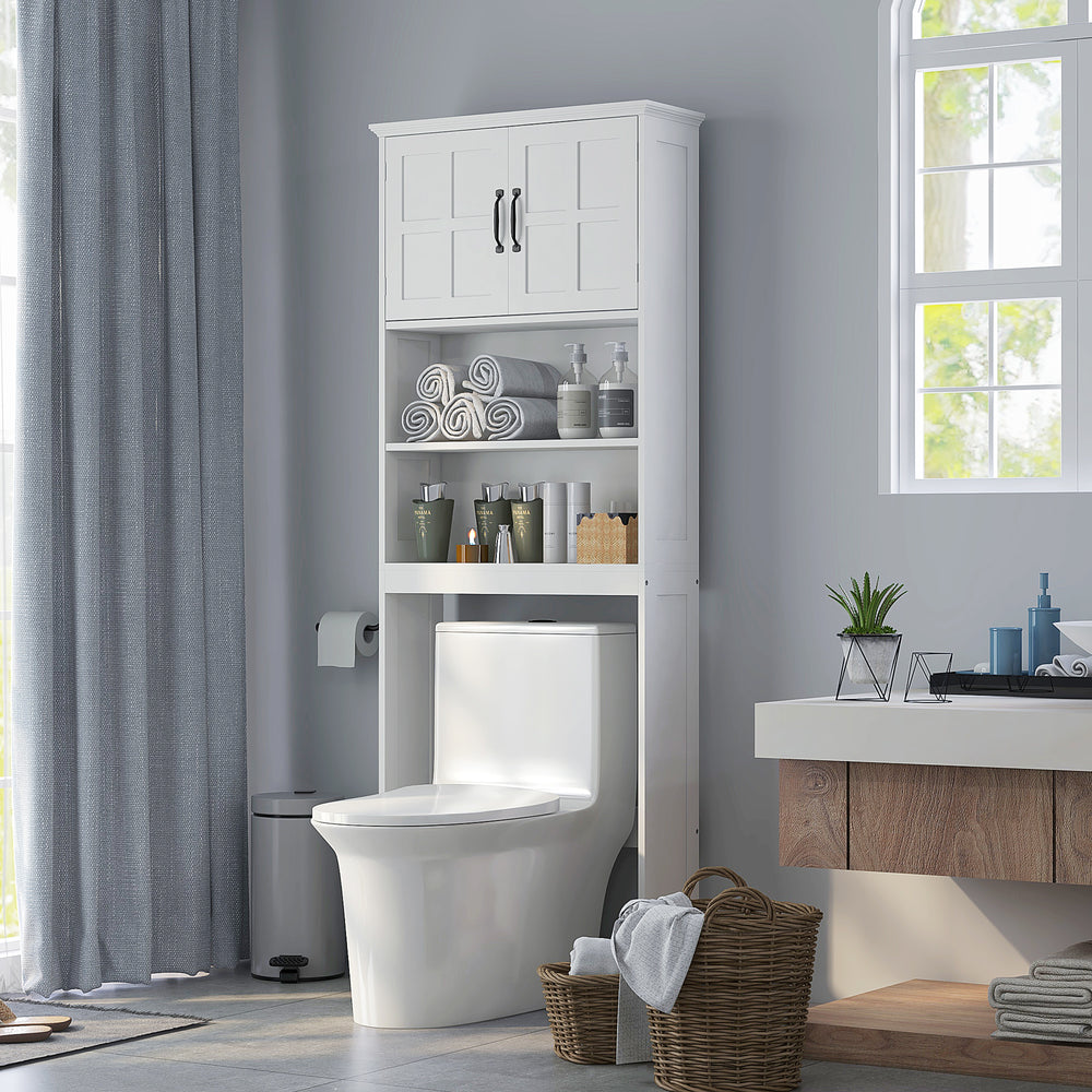 Meuble de rangement moderne avec étagères ouvertes et armoire à double porte, blanc