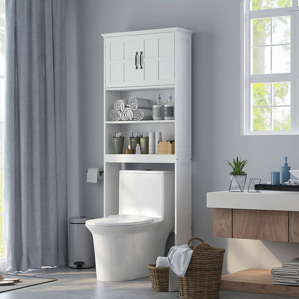 Meuble de rangement moderne avec étagères ouvertes et armoire à double porte, blanc