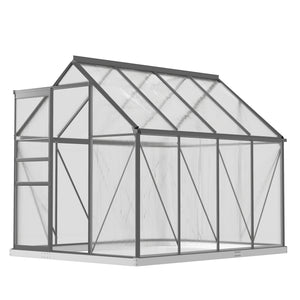 Serre avec aération de toit réglable, base galvanisée, porte coulissante et gouttière