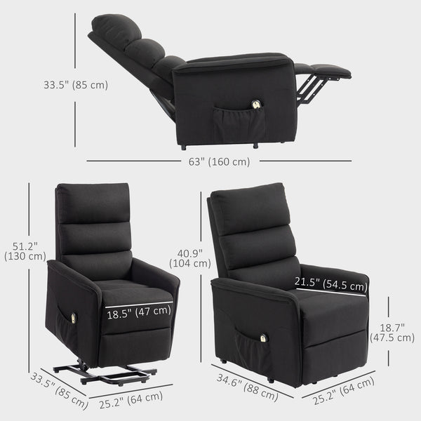 Fauteuil releveur et inclinable électrique avec télécommande, poches latérales, noir