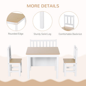 4 Piece Kids Set, Table, Chair, Wooden Bench, Natural and White