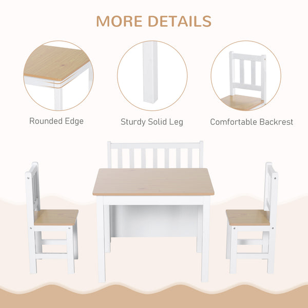 4 Piece Kids Set, Table, Chair, Wooden Bench, Natural and White