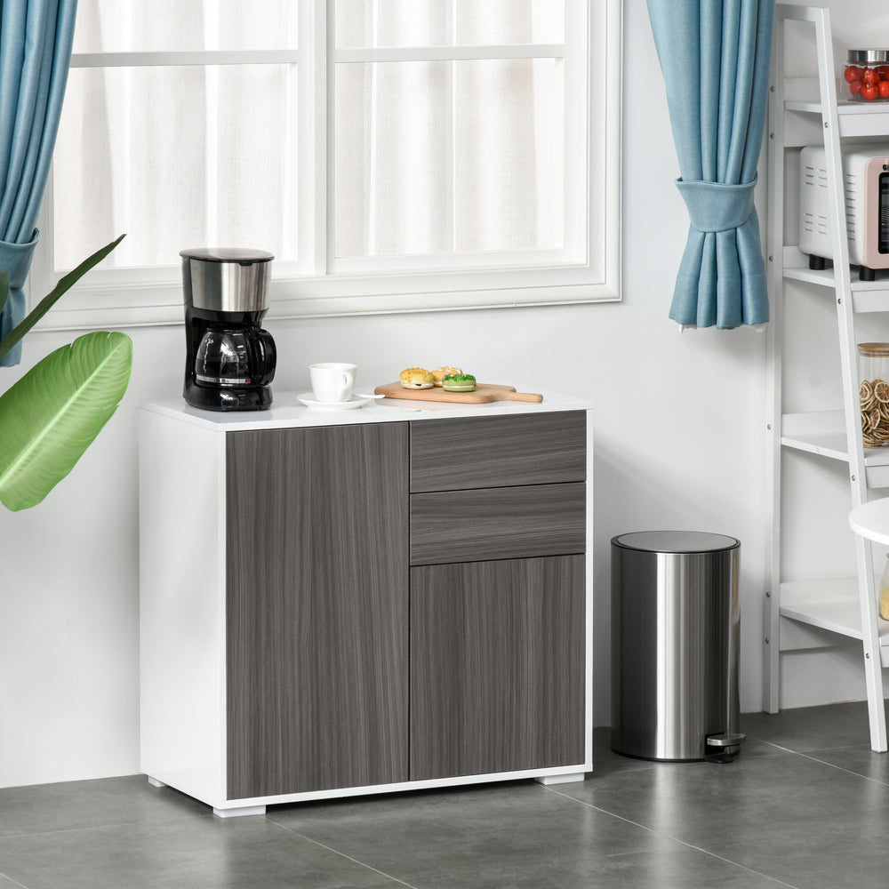 Buffet laqué brillant avec 2 tiroirs, 2 portes et une étagère réglable, gris et blanc