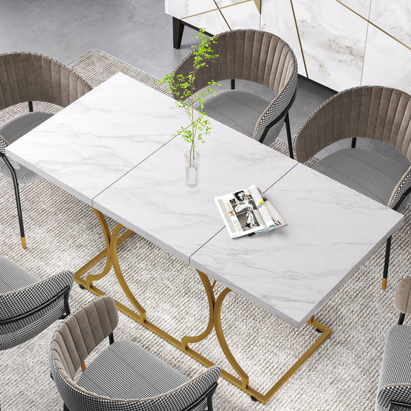 Table à manger pour 6 personnes, table de cuisine moderne à motif marbre avec piédestal en métal, blanche