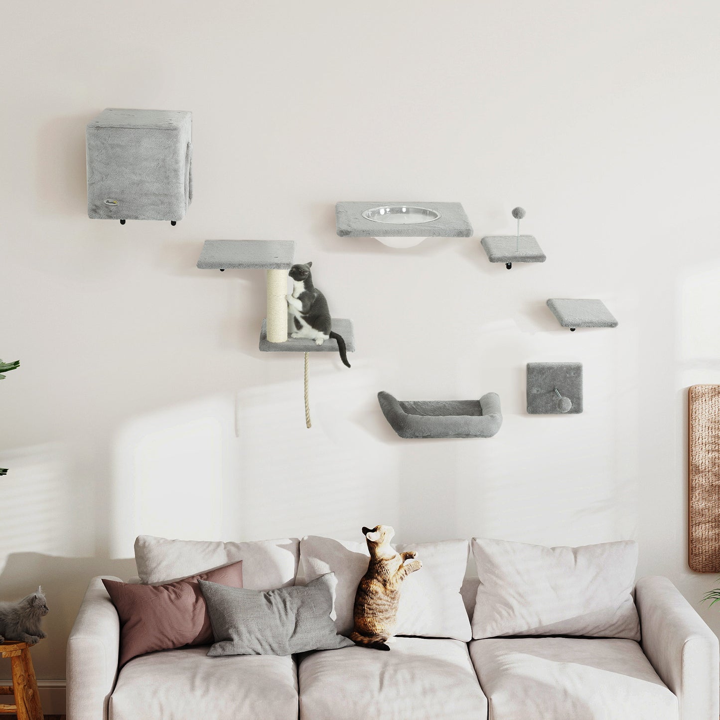 Set of 7 Wall Shelves and Perches with House, Sisal Ladder, Bed and Ball, Grey