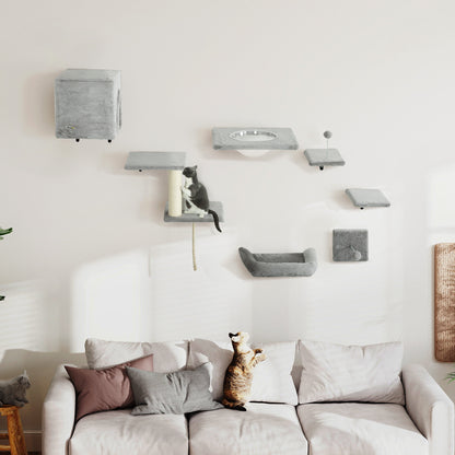 Set of 7 Wall Shelves and Perches with House, Sisal Ladder, Bed and Ball, Grey