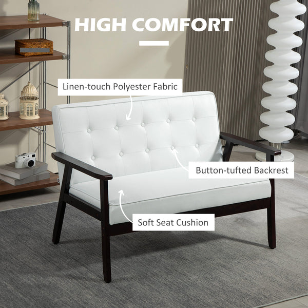 Canapé 2 places moderne rembourrée avec dossier capitonné et pieds en bois, blanc crème