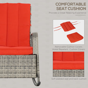 Outdoor Wicker Rocking Chair with Cushion, Patio PE Rattan Recliner Chair with Adjustable Footrest, Armrests, Red
