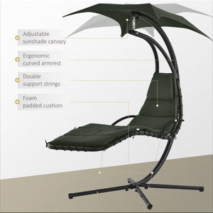 Floating Chaise Lounge Outdoor Porch Swing Chair Hanging Hammock Reclining Seat  w/ Arc Stand & Canopy Umbrella Charcoal Grey
