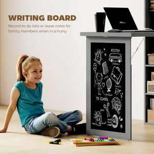 Bureau d'ordinateur mural pliable et convertible avec tableau noir et étagère latérale, gris anthracite
