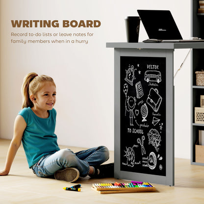 Bureau d'ordinateur mural pliable et convertible avec tableau noir et étagère latérale, gris anthracite