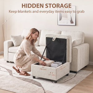 Canapé-lit d'angle modulable avec pouf de rangement réversible avec coussin à ressorts, beige