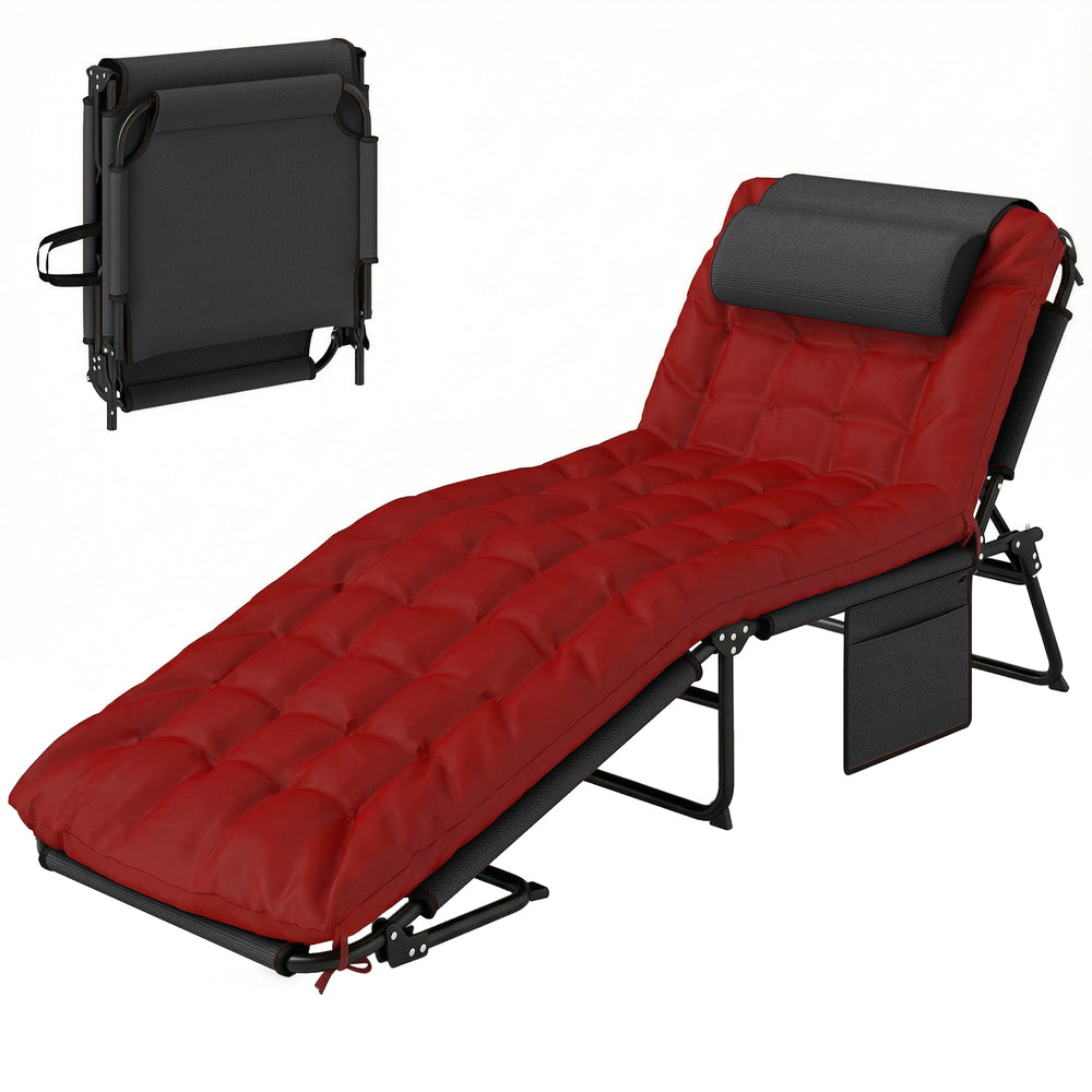 Folding Lounge Chair with 4-level Reclining Back & Cushion, Wine Red