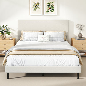 Twin/Full/Queen size velvet platform bed frame, upholstered with beige chevron headboard - Full