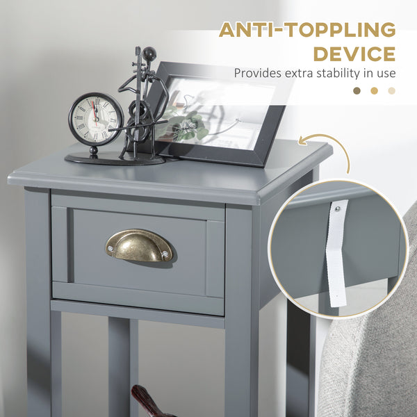 Lot de 2 tables de chevet étroites avec tiroir et étagère, gris