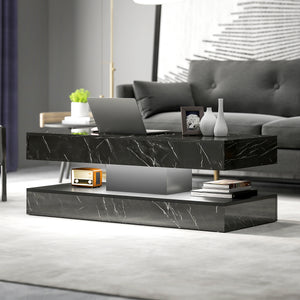 Coffee table with adjustable LED lighting, 2 drawers, open shelf, remote control, glossy black marble effect finish.
