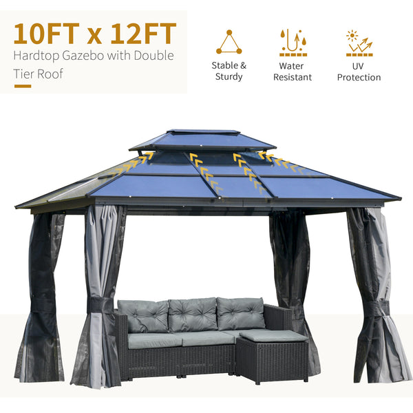Gazebo 10 x 12 avec toit rigide en aluminium, double pente, rideaux et parois latérales en filet, noir et gris