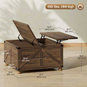 Table basse avec plateau relevable de style campagnard avec compartiment caché, grain de bois brun
