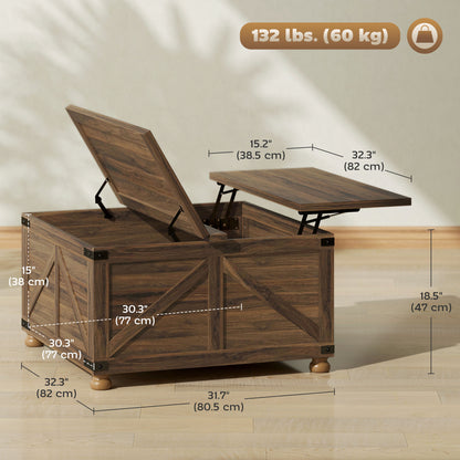 Table basse avec plateau relevable de style campagnard avec compartiment caché, grain de bois brun