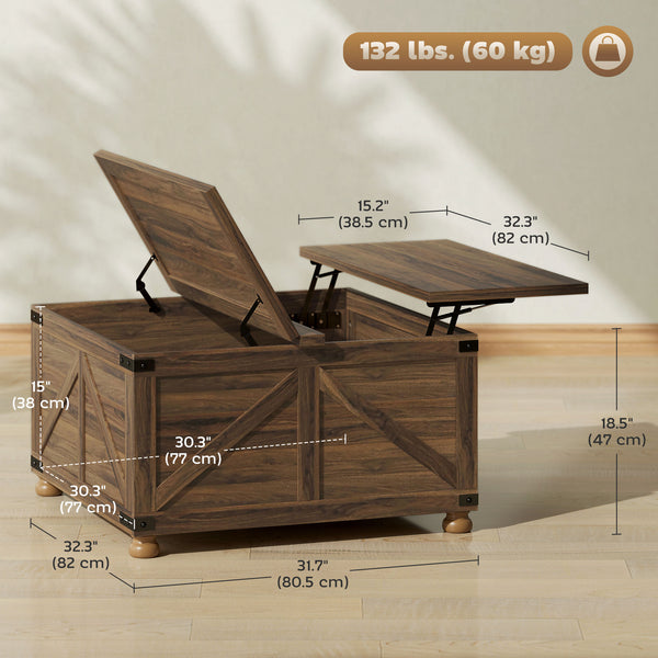 Table basse avec plateau relevable de style campagnard avec compartiment caché, grain de bois brun