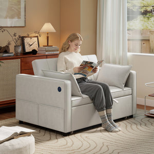 3-in-1 Convertible Sofa Bed, Pull Out Sleeper Sofa with USB Charging, Adjustable Backrest, Side Pockets, Beige