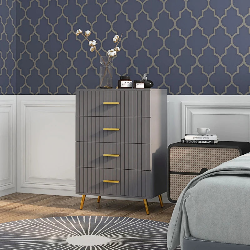 Chest of drawers with 4 drawers, aluminum legs and gold handles, dark grey.