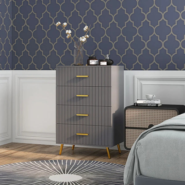 Chest of drawers with 4 drawers, aluminum legs and gold handles, dark grey.