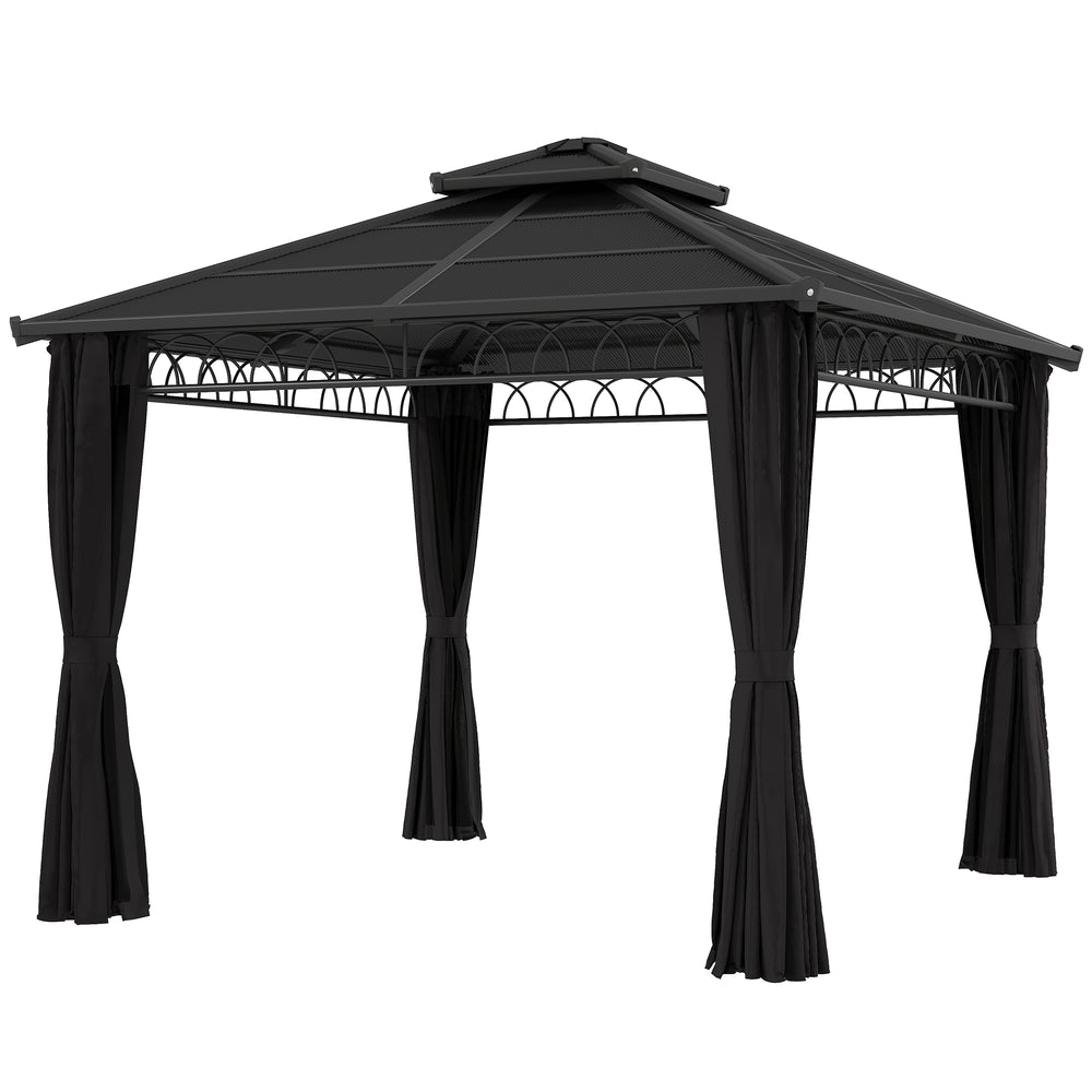 9' x 10' Outdoor Hardtop Gazebo Canopy w/ Double PC Roof, Steel Frame, Nettings, Curtains for Garden Lawn Deck, Black