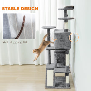 Arbre à chat 137 cm (54 po), tour à plusieurs niveaux avec griffoirs, niches, couchage, plateformes, rampe et balle, gris clair