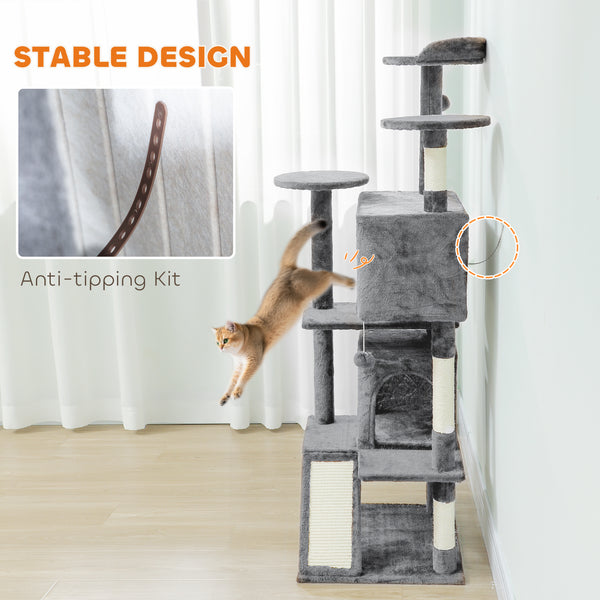 Arbre à chat 137 cm (54 po), tour à plusieurs niveaux avec griffoirs, niches, couchage, plateformes, rampe et balle, gris clair