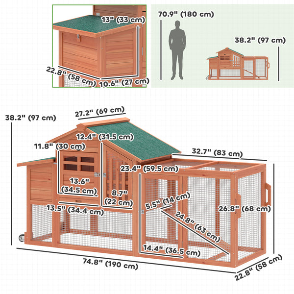 Poulailler mobile en bois avec enclos et plateau amovible pour 1 à 2 poules