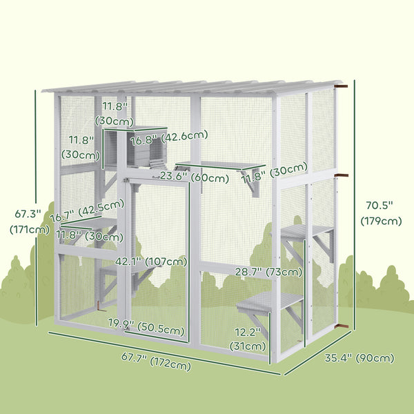 Outdoor Cat Enclosure with Weatherproof Roof, White