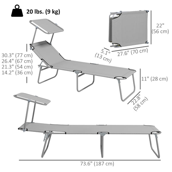 2Pcs Outdoor Lounge Chair, Adjustable Folding Chaise Lounge with Sun Shade for Beach, Camping, Hiking, Light Grey