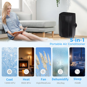 12,000 BTU 5-in-1 Portable Air Conditioner with Cooling, Heating, Dehumidifying, Fan, Sleep Mode, Wi-Fi Voice Control, Black