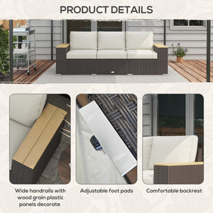 Canapé d'extérieur 3 places avec coussins, canapé de patio en rotin synthétique avec accoudoirs en similibois, blanc crème