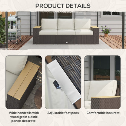 Outsunny 3 Seater Outdoor Sofa with Cushions, Synthetic Rattan Patio Sofa with Woodgrain Armrests, Outdoor Sofa for Porch, Veranda, Garden, Poolside, Cream White