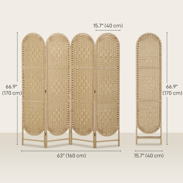 Paravent bohème à 4 panneaux et sommet arqué, en bois naturel