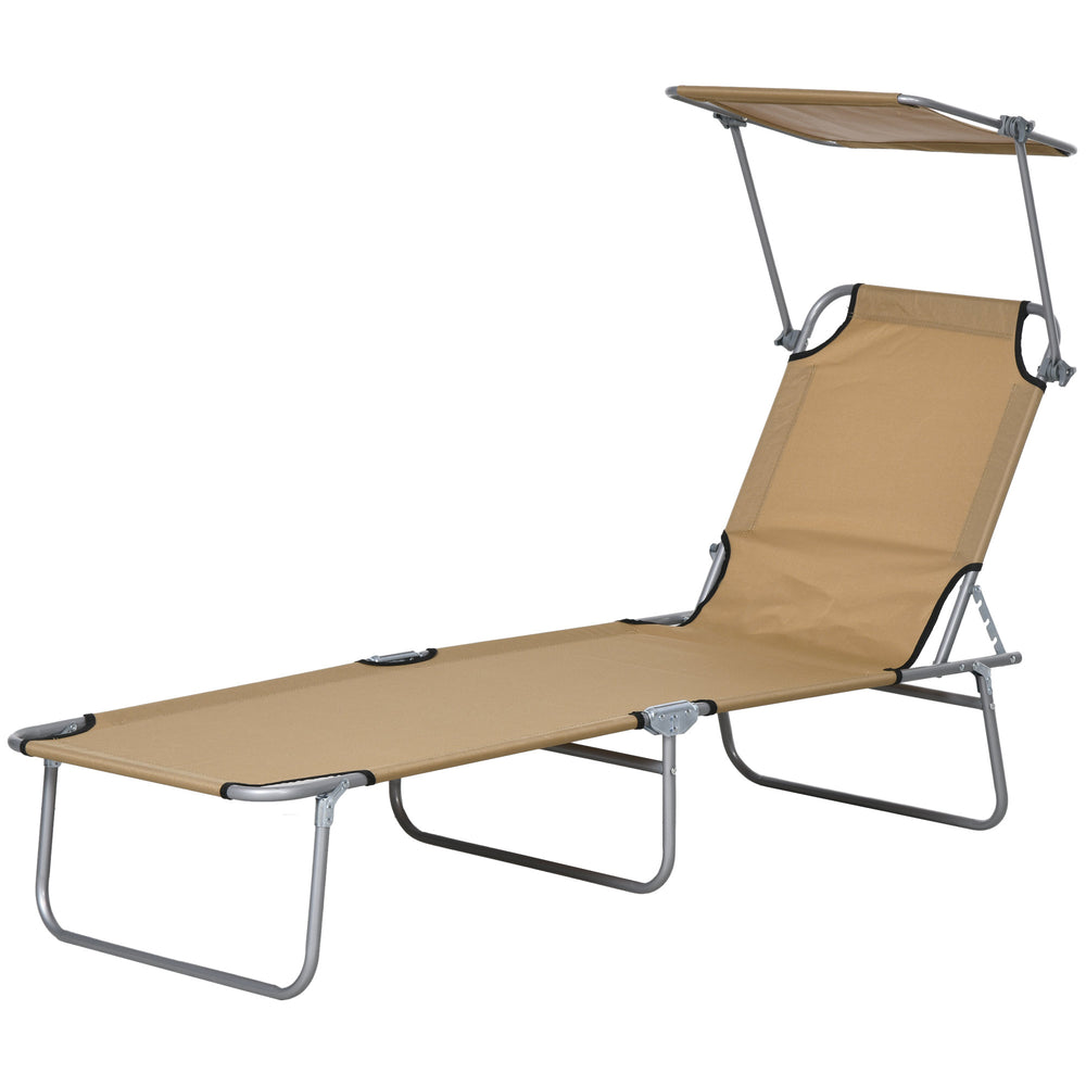 Outdoor Lounge Chair, Adjustable Folding Chaise Lounge with Sun Shade for Beach, Camping, Hiking, Brown