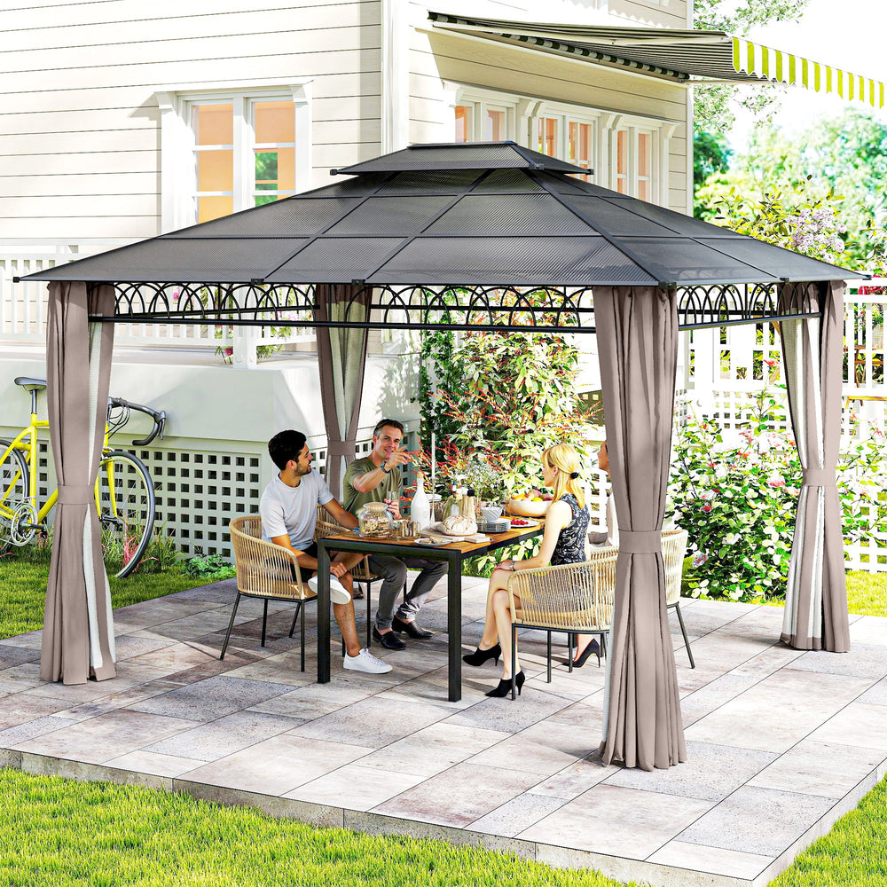 10' x 12' Outdoor Gazebo Canopy, Double Roof Hardtop Gazebo with Polycarbonate Roof, Steel Frame, Nettings and Curtains, for Garden, Lawn, Backyard and Deck, Khaki