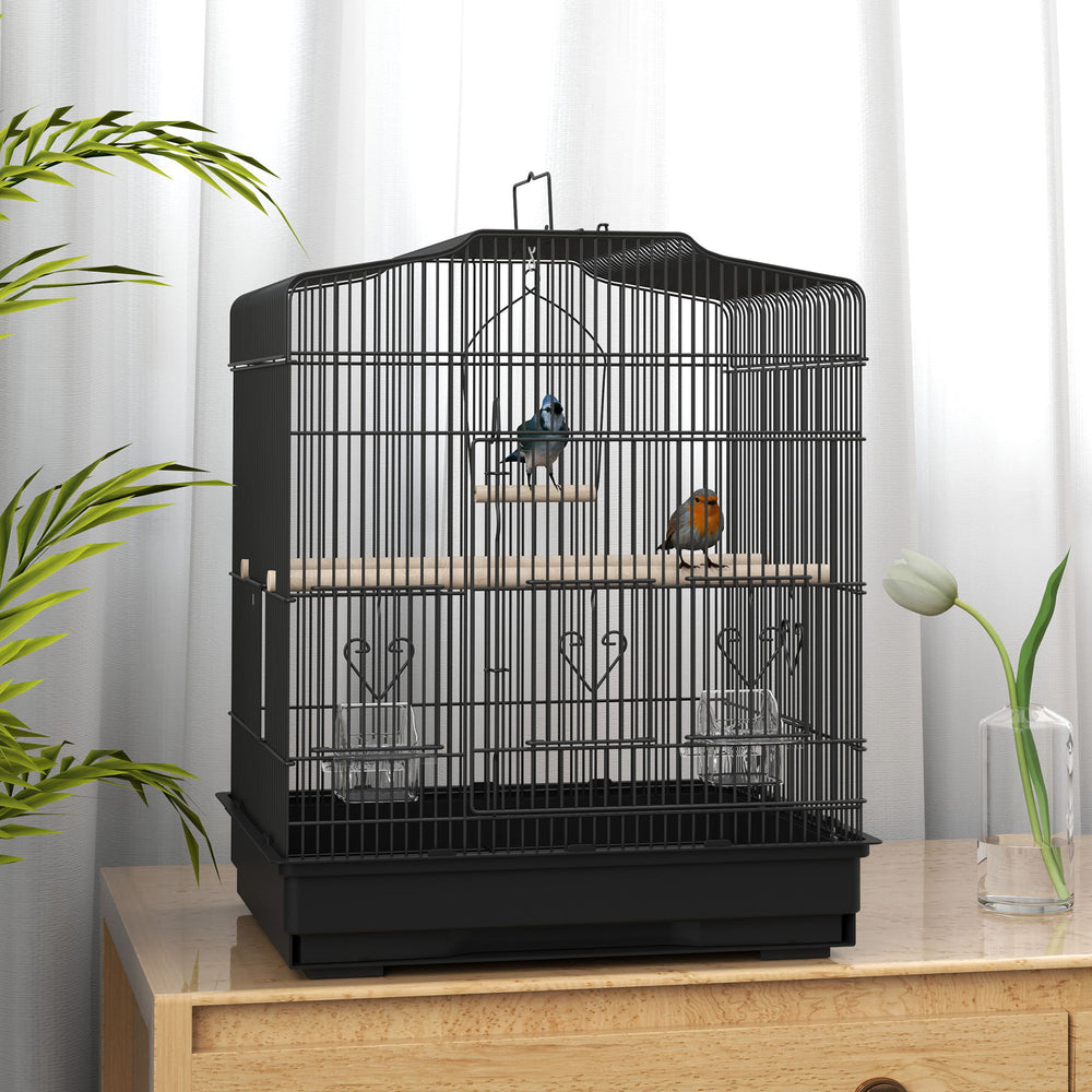 Cage à oiseaux 58 cm, pinsons, canaris, perroquets avec portes et perchoirs, 2 mangeoires, fournitures pour animaux, noir