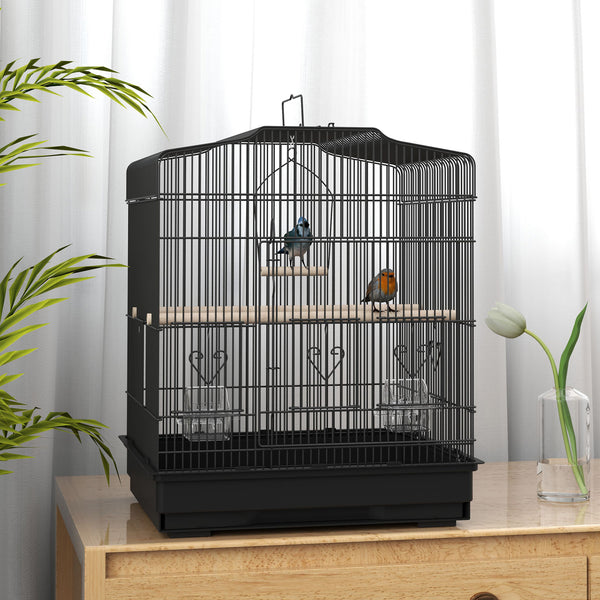 Cage à oiseaux 58 cm, pinsons, canaris, perroquets avec portes et perchoirs, 2 mangeoires, fournitures pour animaux, noir