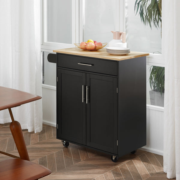 Chariot de cuisine roulant avec plateau en bois, noir
