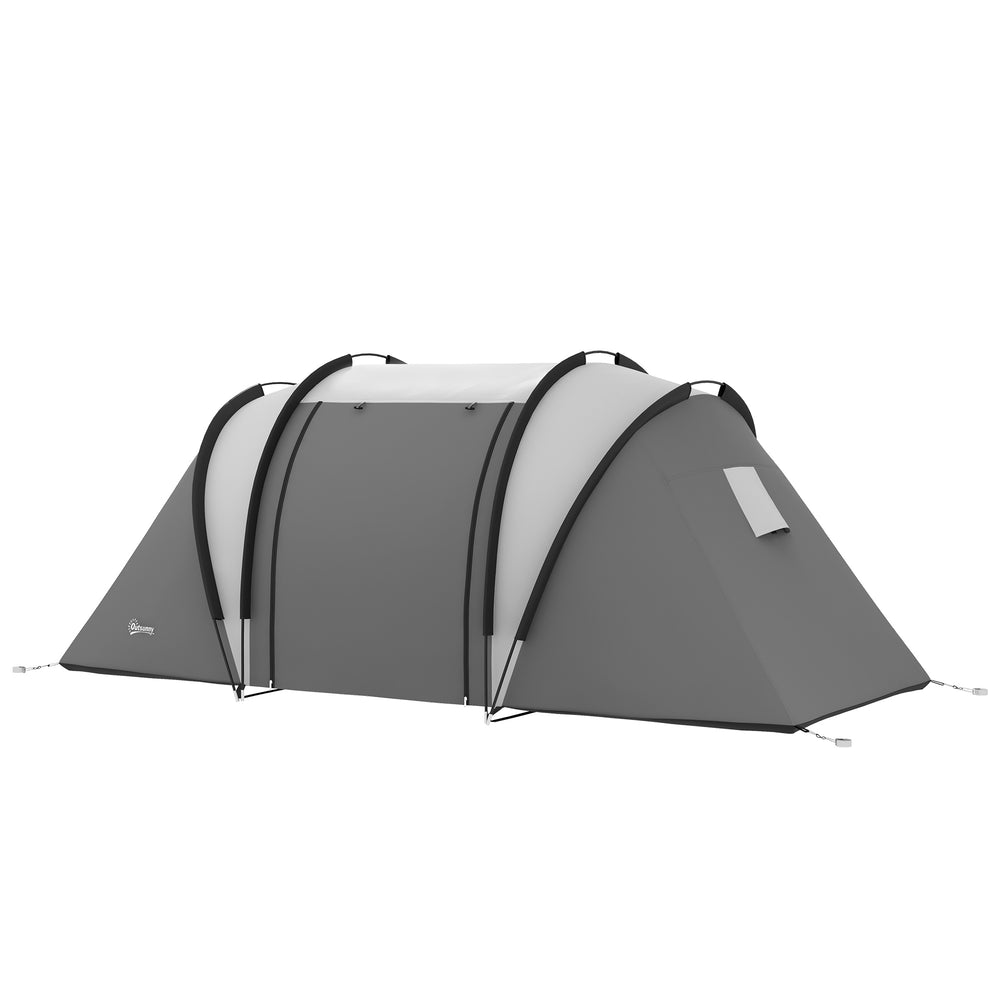Tente de camping avec 2 chambres et un espace de vie, imperméable 3000 mm, grise.