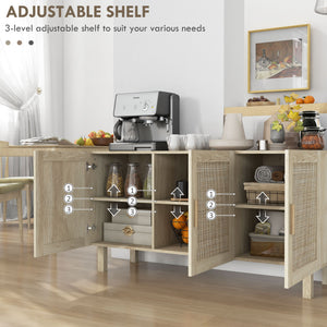 Bohemian sideboard with 3 rattan doors and adjustable shelves, natural