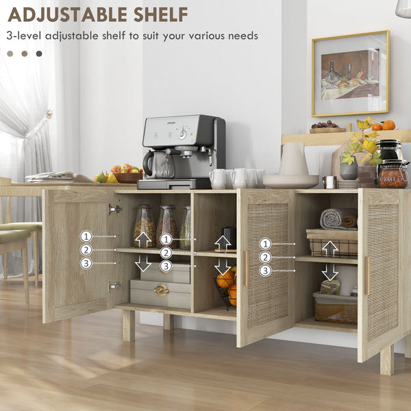 Bohemian sideboard with 3 rattan doors and adjustable shelves, natural