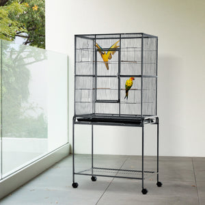 Metal rolling bird cage with removable stand with wheels, black