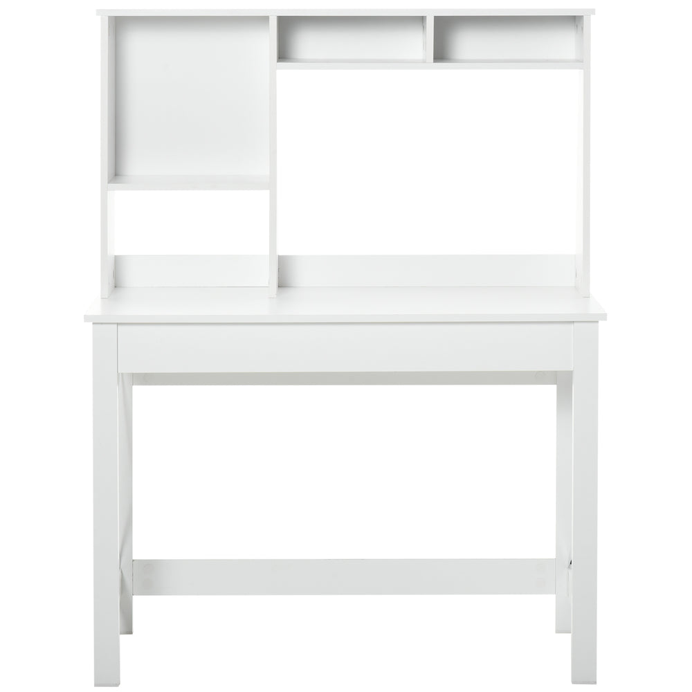 Bureau d'ordinateur avec rangements et compartiments ouverts, blanc