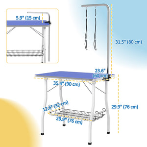 Dog grooming table with adjustable arm, mesh tray and two leashes, blue